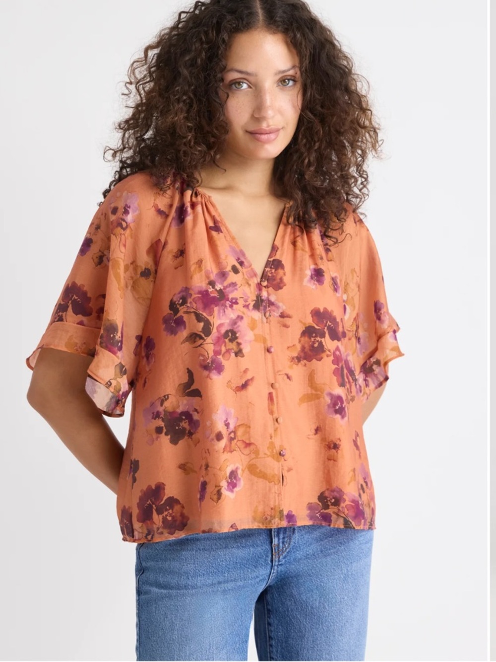 Women's Floral V-Neck Flutter Sleeve Top in Burnt Orange